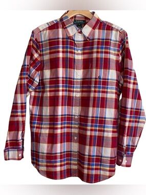 LAUREN RALPH LAUREN Plaid 100% Silk Button Up Long Sleeve Shirt Blouse Size M
